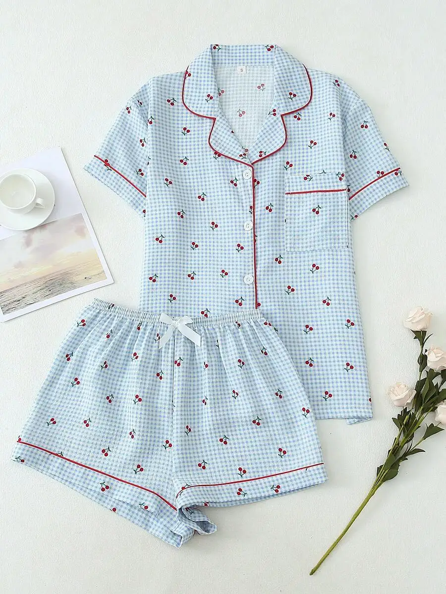 Women Cherry Print Pajama Set Lapel Button Short Sleeve Top And Bow Shorts Summer Sleepwear Loungewear
Women Cherry Print Pajama Set Lapel Button Short Sleeve Top And Bow Shorts Summer Sleepwear Loungewear