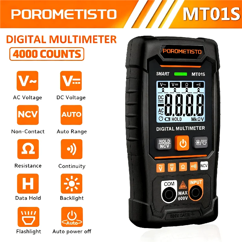 Цифровой мультиметр POROMETISTO MT01S, 4000 отсчетов, мультитестер с автоматическим диапазоном, 0,8-600 В переменного/постоянного тока, напряжение, Ом, NCV, тестер непрерывности, инструмент
Цифровой мультиметр POROMETISTO MT01S, 4000 отсчетов, мультитестер с автоматическим диапазоном, 0,8-600 В переменного/постоянного тока, напряжение, Ом, NCV, тестер непрерывности, инструмент
