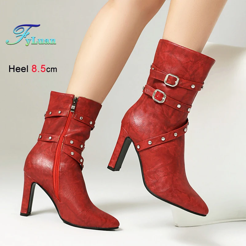 Сапоги до середины икры из искусственной кожи, женские модные зимние ботинки с острым заклепками и пряжкой, новые весенне-осенние рыцарские туфли на толстом каблуке 8,5 см 
Сапоги до середины икры из искусственной кожи, женские модные зимние ботинки с острым заклепками и пряжкой, новые весенне-осенние рыцарские туфли на толстом каблуке 8,5 см