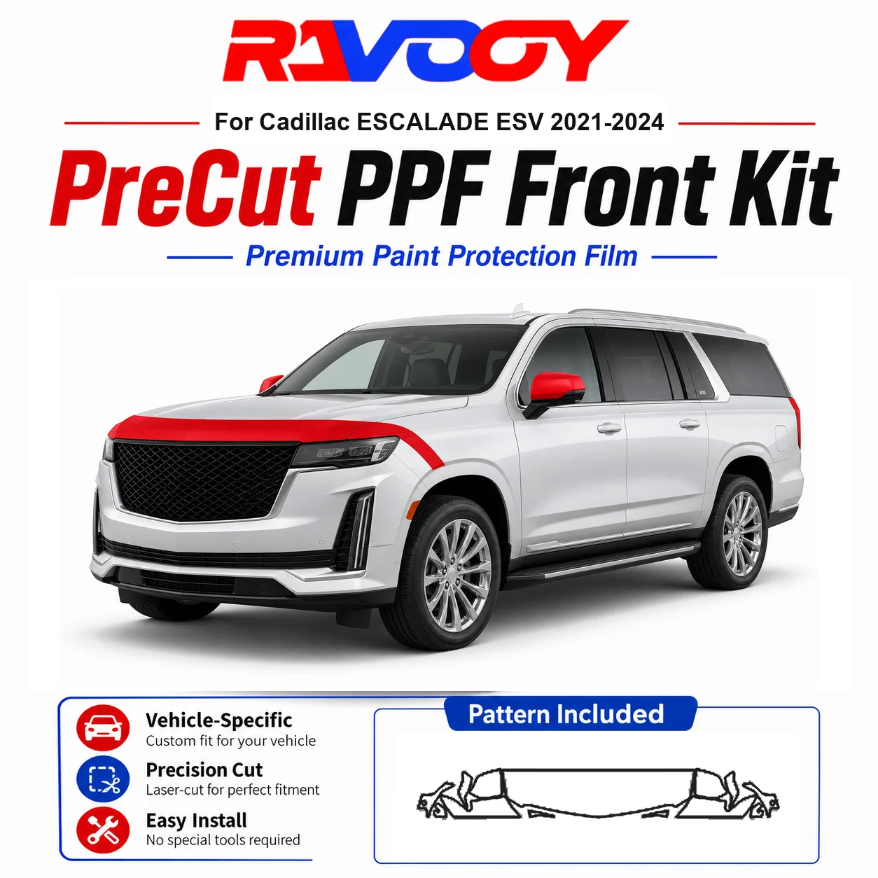 8.5mil TPU Precut PPF Kit For Cadillac ESCALADE ESV 2021-2024 - Hood, Fenders & Mirror Set - Self-Healing Clear Bra Film
8.5mil TPU Precut PPF Kit For Cadillac ESCALADE ESV 2021-2024 - Hood, Fenders & Mirror Set - Self-Healing Clear Bra Film