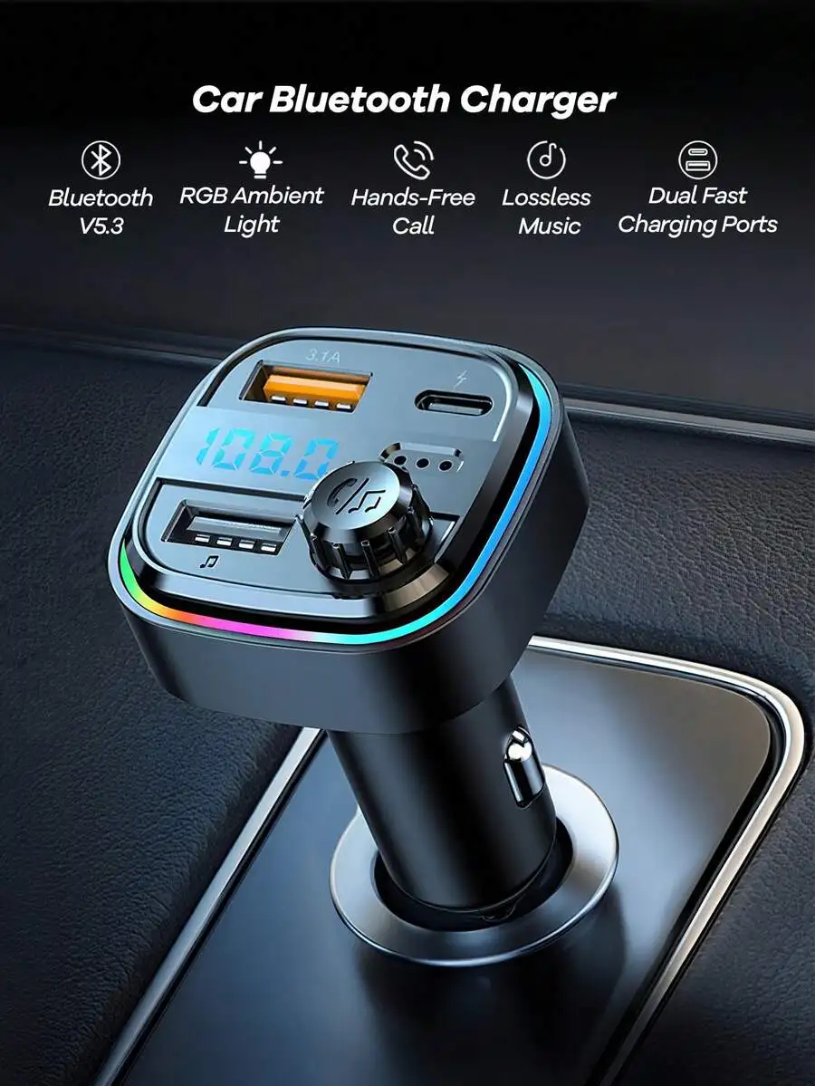 Car Bluetooth 5.3 FM Transmitter With Dual Fast Charging Ports, RGB Ambient Light, Hands-Free Call, TF Card, MP3 Player, PD 25W
Car Bluetooth 5.3 FM Transmitter With Dual Fast Charging Ports, RGB Ambient Light, Hands-Free Call, TF Card, MP3 Player, PD 25W