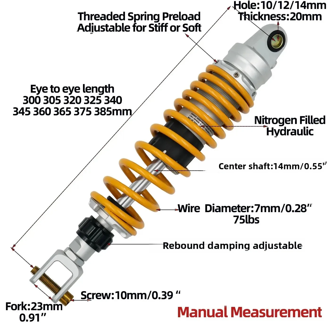 Fork 23mm 320mm Variety Size Hydraulic rear shocks for Honda NS150G, Kymco H150, RT3C, Joymax Z300, Cyclone RT3, SYM ADV, FZ150
Fork 23mm 320mm Variety Size Hydraulic rear shocks for Honda NS150G, Kymco H150, RT3C, Joymax Z300, Cyclone RT3, SYM ADV, FZ150