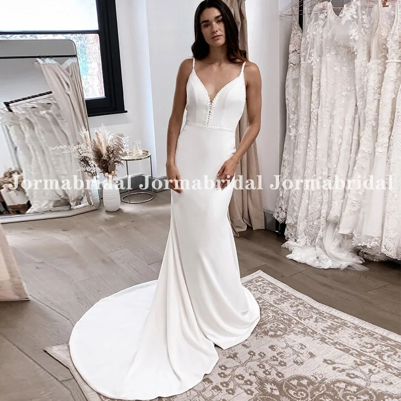 Ivory Crepe Mermaid Wedding Dresses Deep V-neck Spaghetti Straps Low Back Beach Bridal Gowns Appliques Simple Bride Dress 2023
Ivory Crepe Mermaid Wedding Dresses Deep V-neck Spaghetti Straps Low Back Beach Bridal Gowns Appliques Simple Bride Dress 2023