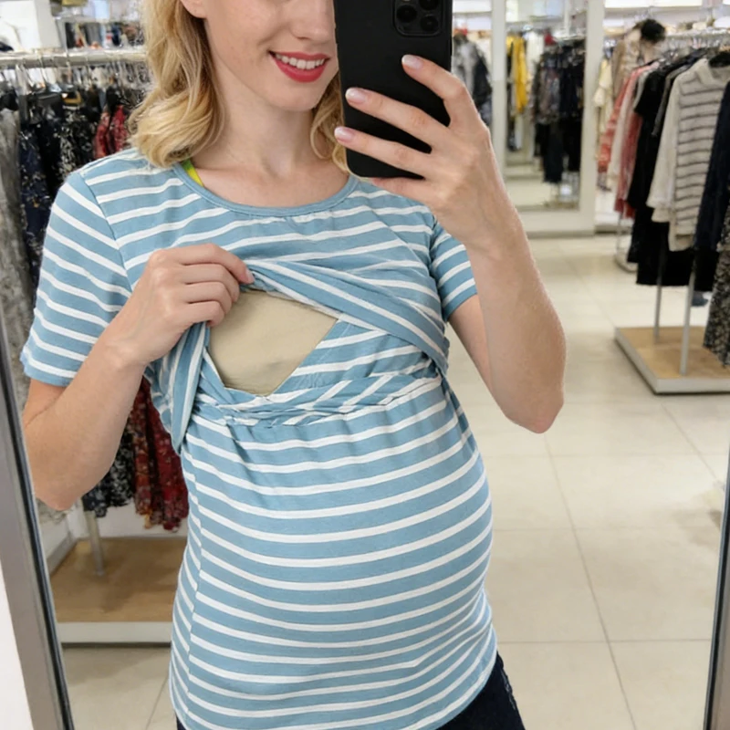Cotton Striped Nursing Tee Crew Neck Short Sleeve Double Layer Feeding Opening Straight Hem Loose Fit Maternity Daily Blouse
Cotton Striped Nursing Tee Crew Neck Short Sleeve Double Layer Feeding Opening Straight Hem Loose Fit Maternity Daily Blouse