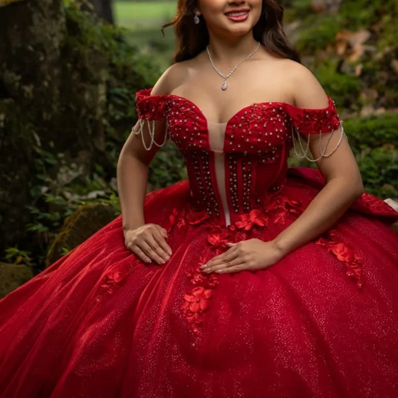 Shiny Red Quinceanera Dress crystal Glitter 3D Flower Decal off-shoulder Long tail Bow Vestidos De 15 Quinceanera Customize
Shiny Red Quinceanera Dress crystal Glitter 3D Flower Decal off-shoulder Long tail Bow Vestidos De 15 Quinceanera Customize