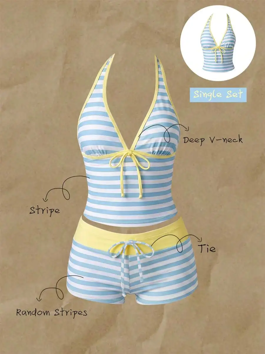 Womens Striped Deep V-Neck Tie Front Bikini Set With Bow Detail
Womens Striped Deep V-Neck Tie Front Bikini Set With Bow Detail