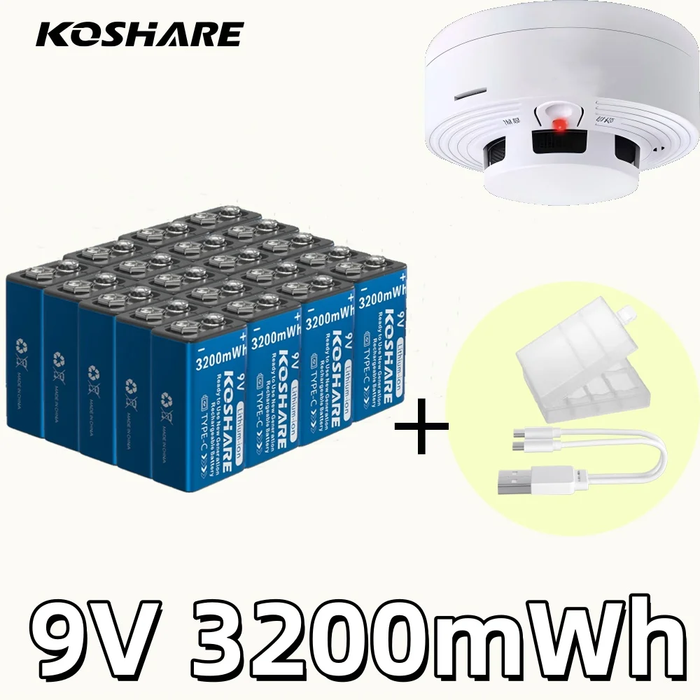 KOSHARE Rechargeable Battery 9V 3200mWh Type-C High Capacity Lithium Battery for smoke alarm multimeter microphone with Cable
KOSHARE Rechargeable Battery 9V 3200mWh Type-C High Capacity Lithium Battery for smoke alarm multimeter microphone with Cable