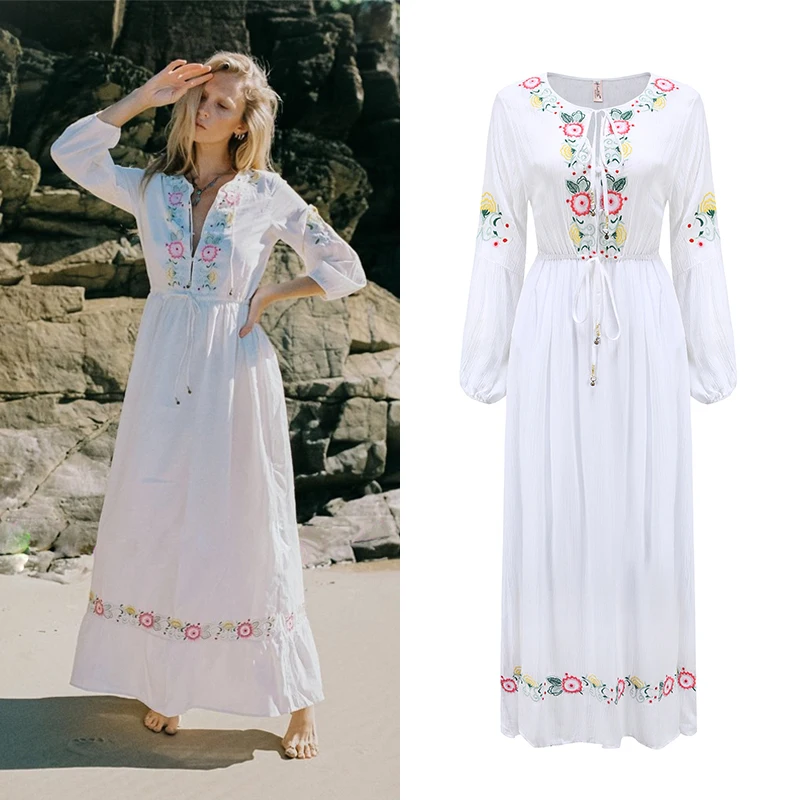 High Quality Spring Summer Women Embroidery Print Boho Casual O Neck Bow Lantern Sleeve White Drawstring Waist Holiday Dresses
High Quality Spring Summer Women Embroidery Print Boho Casual O Neck Bow Lantern Sleeve White Drawstring Waist Holiday Dresses