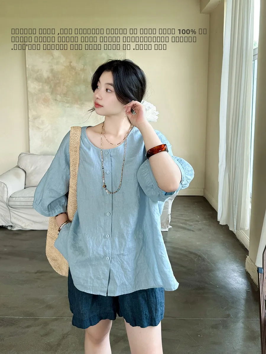 Элитная льняная блузка из чистого льна с круглым вырезом и разрезом, свободного кроя, универсальная, дышащая, летняя, в стиле кэжуал.
Элитная льняная блузка из чистого льна с круглым вырезом и разрезом, свободного кроя, универсальная, дышащая, летняя, в стиле кэжуал.