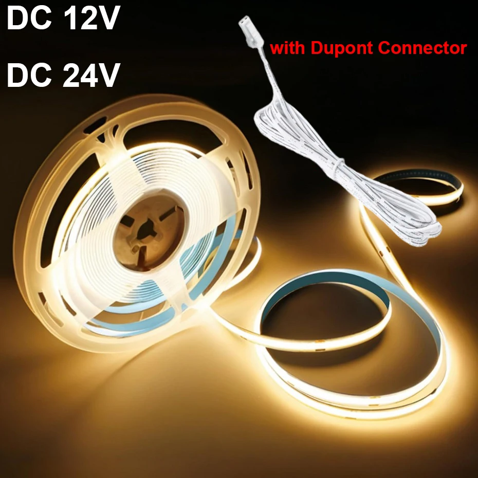 COB LED Strip Light 320 LEDs/m High Density Flexible Tape Ribbon Warm/Neutral White Led Lights DC12V 24V with Dupont Connector
COB LED Strip Light 320 LEDs/m High Density Flexible Tape Ribbon Warm/Neutral White Led Lights DC12V 24V with Dupont Connector
