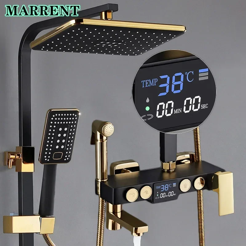 Brass Bathroom Shower Faucets with Four Function Thermostatic Bath Shower System Tap Black Gold Rain Digital Bathroom Shower Set
Brass Bathroom Shower Faucets with Four Function Thermostatic Bath Shower System Tap Black Gold Rain Digital Bathroom Shower Set