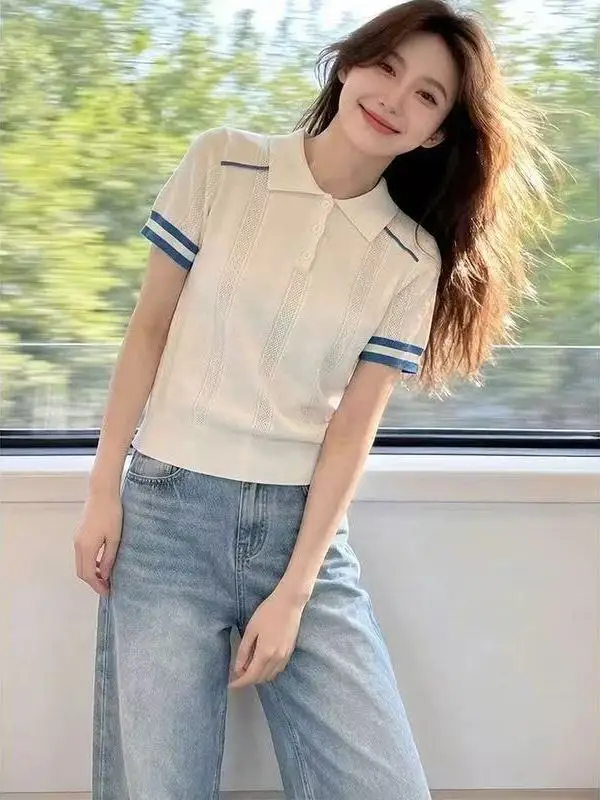 Korean Style Color Block Stripe Collar Short Sleeve Knitted Sweater Women Summer Slim Fit Slimming Preppy Style T Shirt Top
Korean Style Color Block Stripe Collar Short Sleeve Knitted Sweater Women Summer Slim Fit Slimming Preppy Style T Shirt Top