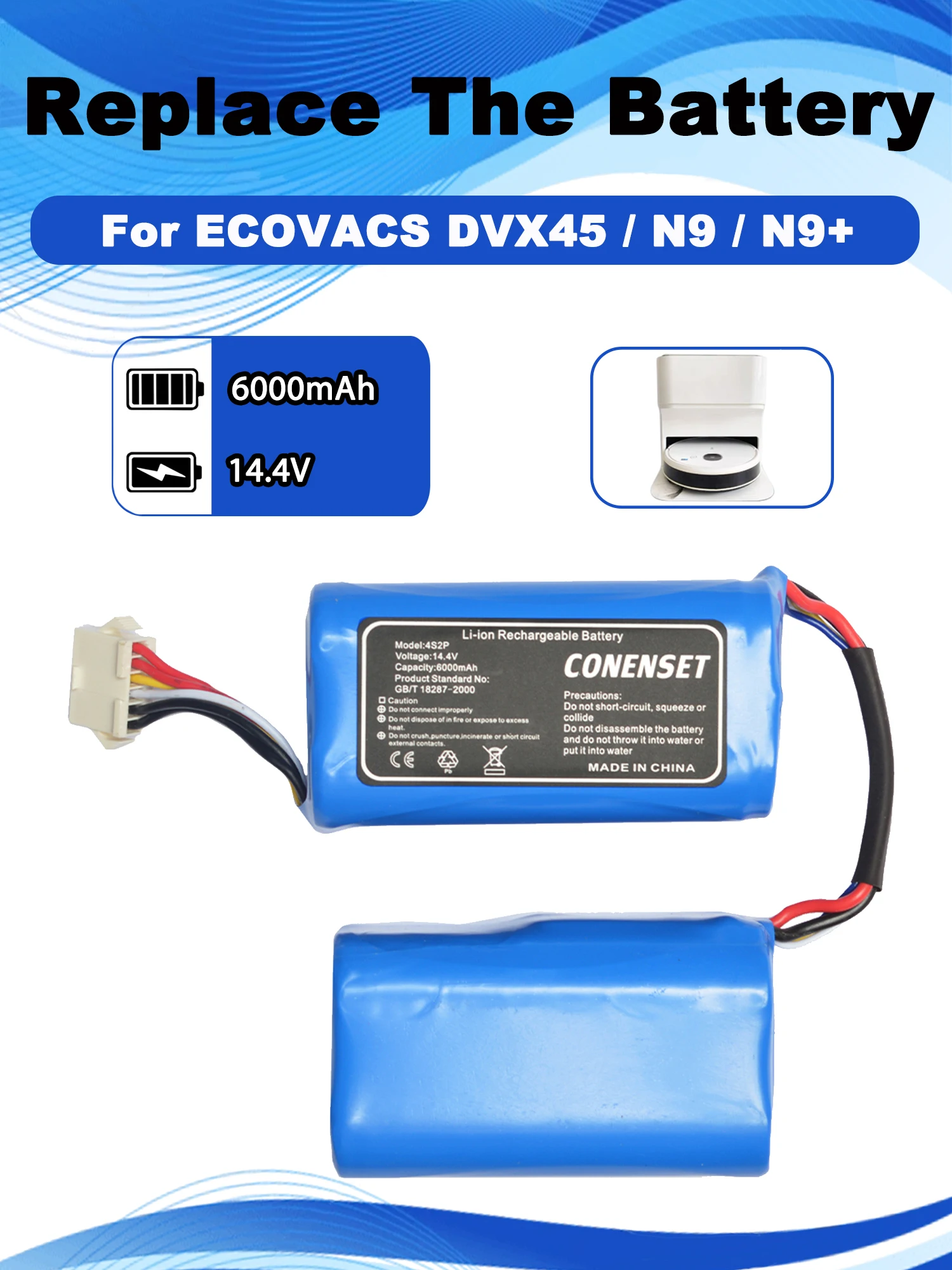 14.4V 6000mAh Replacement Battery For ECOVACS Deebot DVX45 N9 N9+ Series Robot Vacuum Cleaner RC01-LI-1440-5200 Accessories
14.4V 6000mAh Replacement Battery For ECOVACS Deebot DVX45 N9 N9+ Series Robot Vacuum Cleaner RC01-LI-1440-5200 Accessories