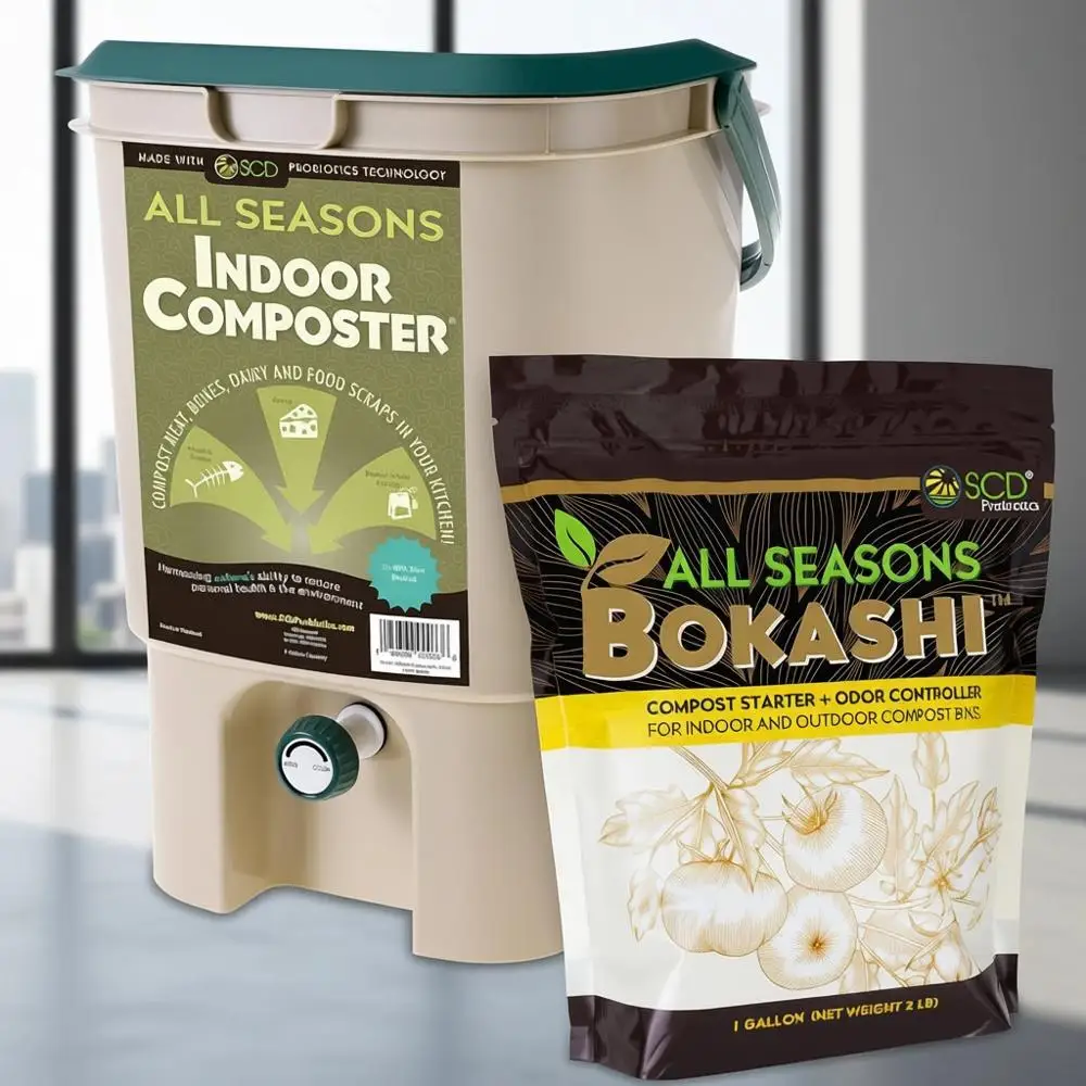 5 Gallon Tan Indoor Compost Bin with Lid, Spigot, and 1 Gallon Bokashi Bran Starter Kit
5 Gallon Tan Indoor Compost Bin with Lid, Spigot, and 1 Gallon Bokashi Bran Starter Kit