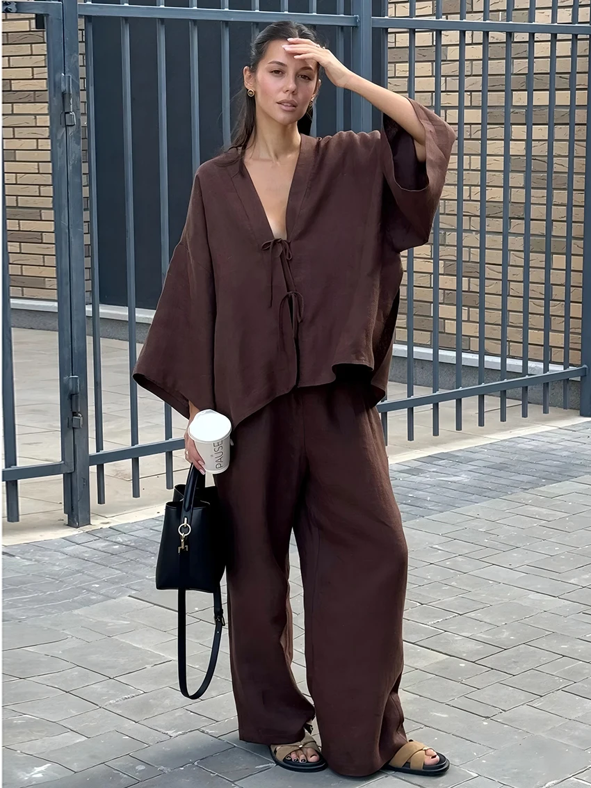 Parc Fee Casual Long Sleeve Tops 2 Pieces Set Woman Elegant Loose Brown Cotton Pants Set Fashion High Waist Wide Trousers Suits
Parc Fee Casual Long Sleeve Tops 2 Pieces Set Woman Elegant Loose Brown Cotton Pants Set Fashion High Waist Wide Trousers Suits