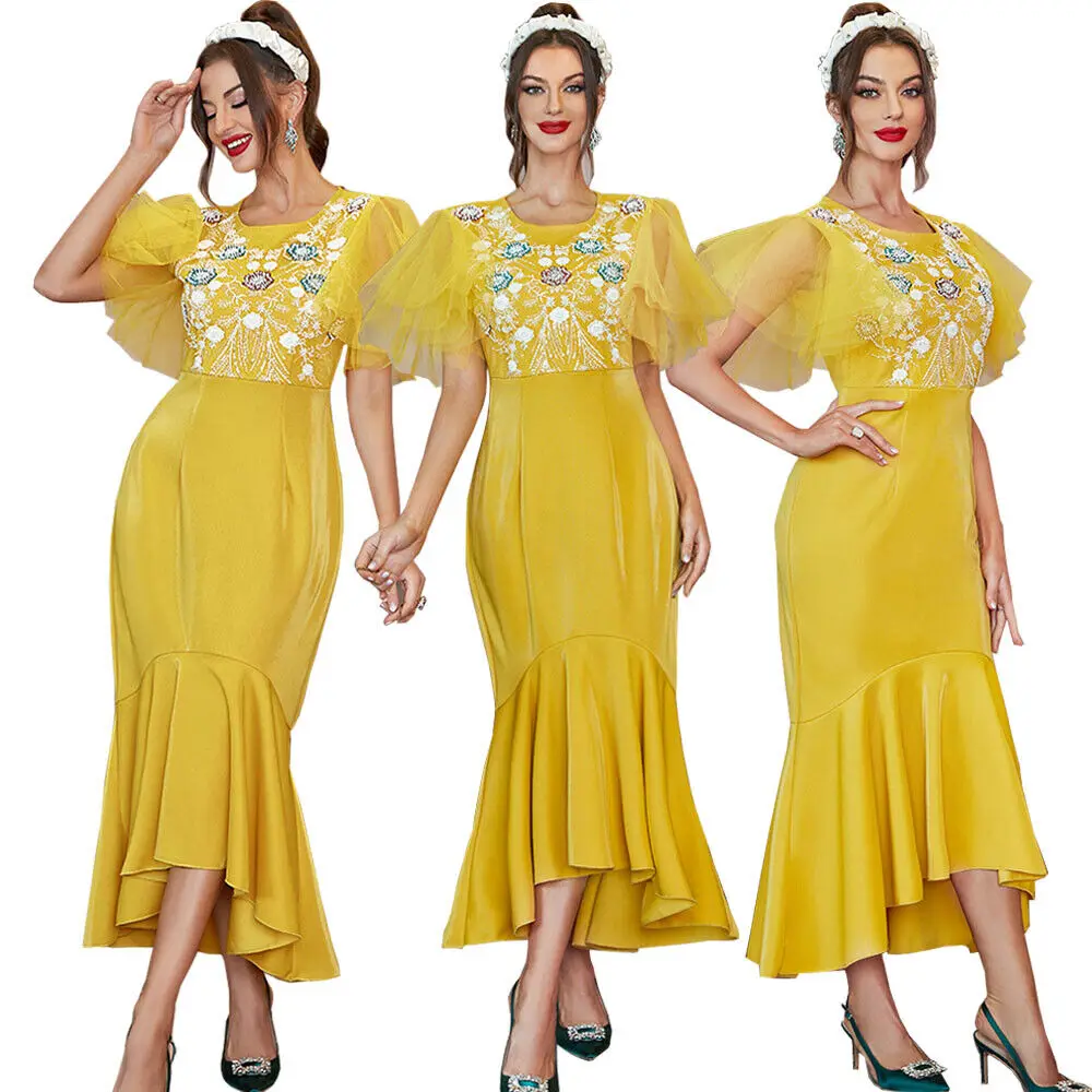 Women Embroidered Dress Yellow Fishtail Dress Moroccan Muslim Abaya Short Sleeve Cocktail Party Dress Prom Ball Gown
Women Embroidered Dress Yellow Fishtail Dress Moroccan Muslim Abaya Short Sleeve Cocktail Party Dress Prom Ball Gown
