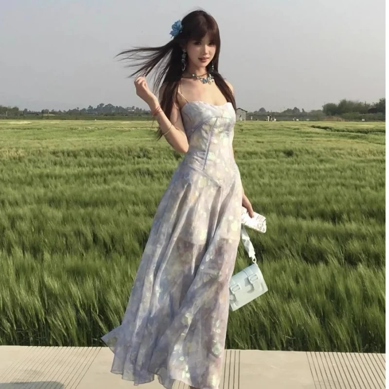 Seaside Holiday Purple Floral Strap Dress Women's Summer French Style Beautiful Temperament Waist-Controlled Desire Long Sk
Seaside Holiday Purple Floral Strap Dress Women's Summer French Style Beautiful Temperament Waist-Controlled Desire Long Sk