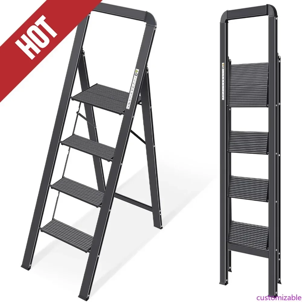 Customizable-Aluminium 4 Step Ladder, Lightweight Step Stool With Non-Slip Pedals, Handrail, Foldable Step Ladder For Kitchen, G