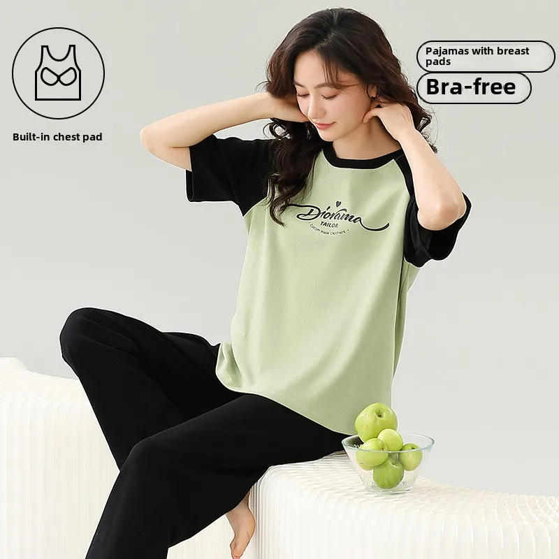 Women Pajamas Set with chest pad thin cotton Soft loose Short Sleeve Tops and Long Pants Two Pieces sets Lingerie Homewear suit
Women Pajamas Set with chest pad thin cotton Soft loose Short Sleeve Tops and Long Pants Two Pieces sets Lingerie Homewear suit