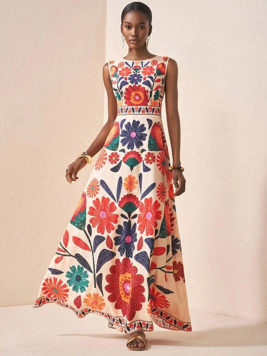 Sleeveless Round Neck A-Line Maxi Dress Floral Print Bohemian Style Summer Womens Long Dress
Sleeveless Round Neck A-Line Maxi Dress Floral Print Bohemian Style Summer Womens Long Dress