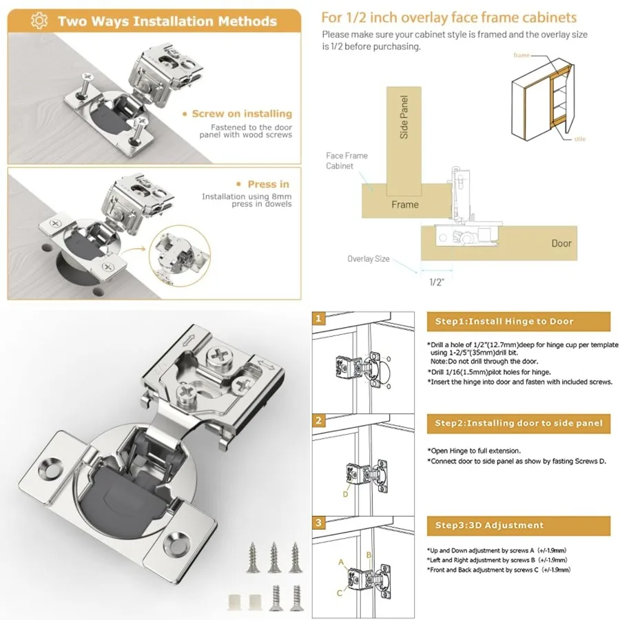 50 Pieces/2 Overlay Soft Close Cabinet Hinges for Face Frame Cabinet, Staless Steel, 05 Openg Angle, Concealed Self Closg Door
50 Pieces/2 Overlay Soft Close Cabinet Hinges for Face Frame Cabinet, Staless Steel, 05 Openg Angle, Concealed Self Closg Door