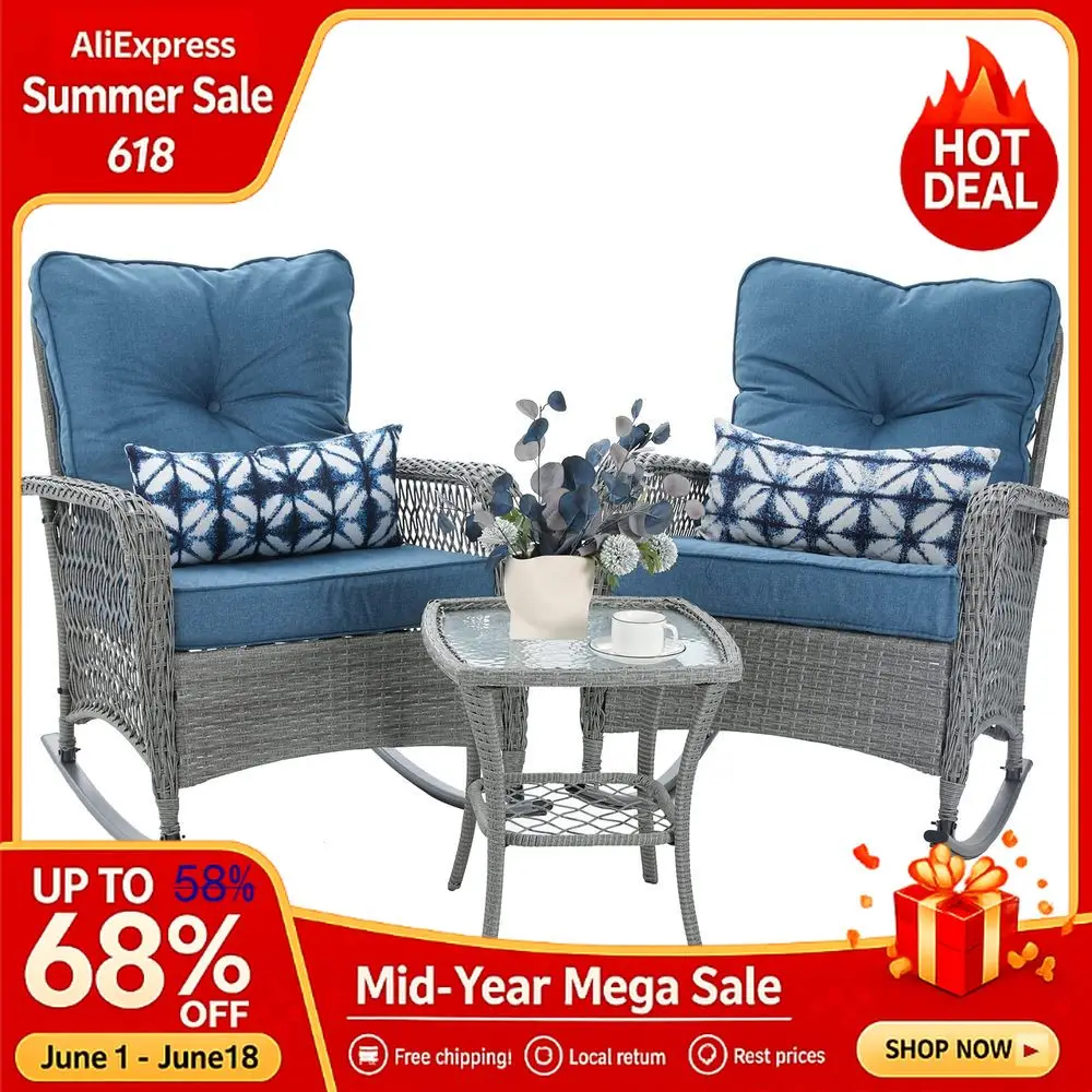Furniture Set 3 Pieces, Wicker Rocking Bistro Set with Thick Cushions,Rocker Chairs and Coffee Table for Porch, Backya, Custom
Furniture Set 3 Pieces, Wicker Rocking Bistro Set with Thick Cushions,Rocker Chairs and Coffee Table for Porch, Backya, Custom