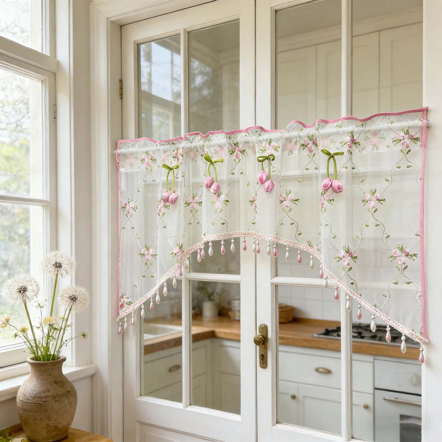 Embroidered Floral Arch Curtains with Beads and Pink Tulip Trim, French Vintage Farmhouse Curtains for Kitchen, Doorway
Embroidered Floral Arch Curtains with Beads and Pink Tulip Trim, French Vintage Farmhouse Curtains for Kitchen, Doorway