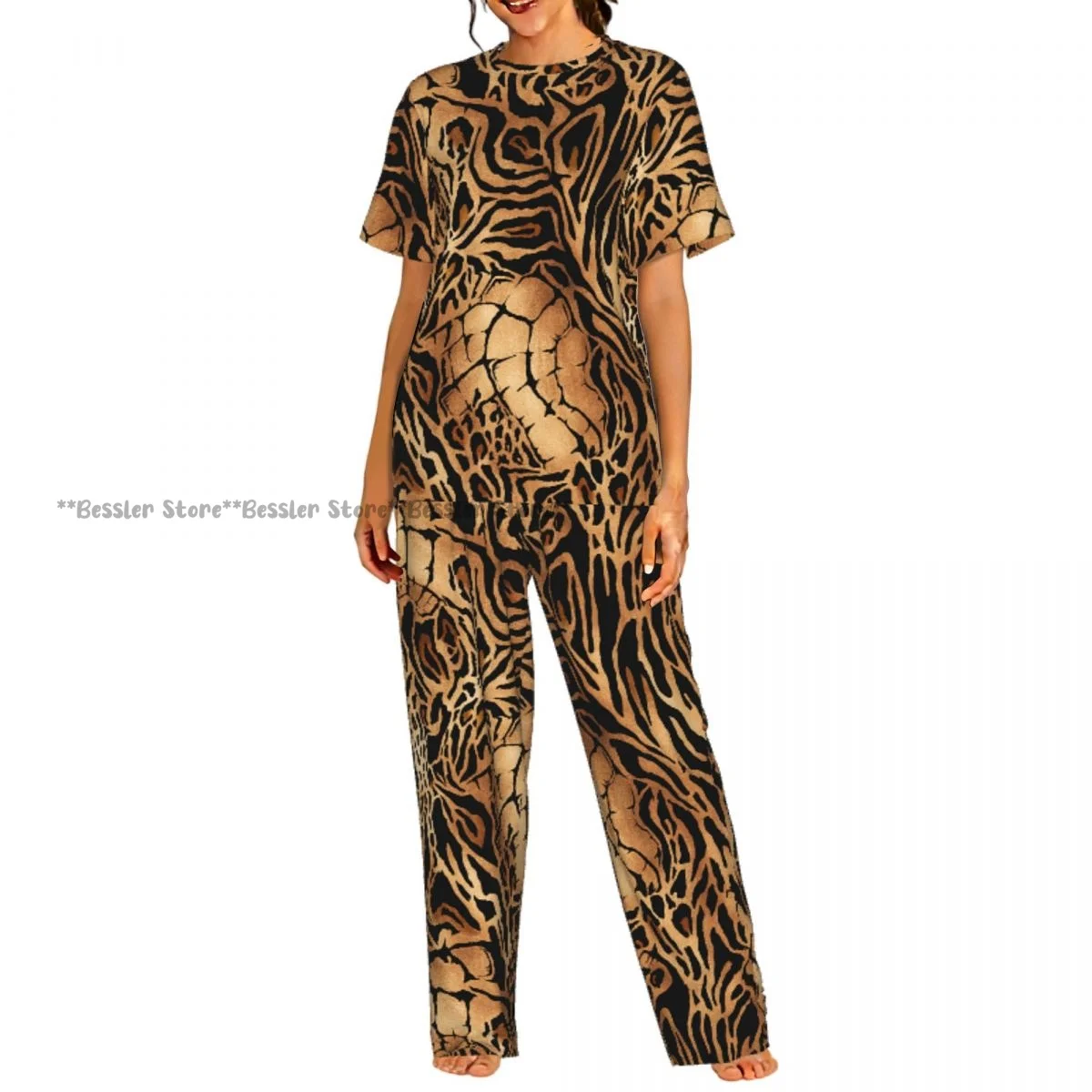 Женский комплект пижамы с короткими рукавами и брюками из ткани с принтом тигра, леопарда и крокодила, повседневный стиль.
Женский комплект пижамы с короткими рукавами и брюками из ткани с принтом тигра, леопарда и крокодила, повседневный стиль.