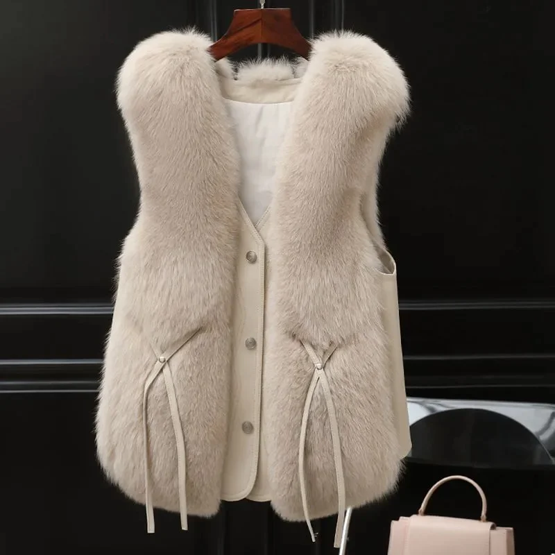 Women Imitation Fox Fur Grass Vest Jacket New Fashion V-neck Patchwork Sleeveless Short Jacket Ladies Outerwear Female Waistcoat
Women Imitation Fox Fur Grass Vest Jacket New Fashion V-neck Patchwork Sleeveless Short Jacket Ladies Outerwear Female Waistcoat