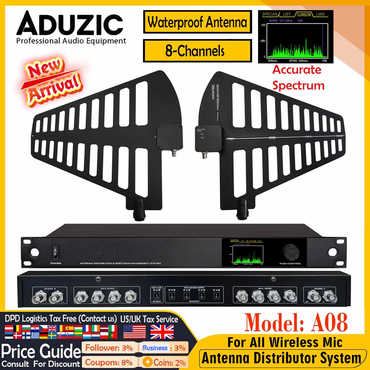 Aduzic Water-Proof Directional Antenna 8-Channel Antena Distribution System 450-950Mhz Spectrum Monitoring Signal Amplifier A08
Aduzic Water-Proof Directional Antenna 8-Channel Antena Distribution System 450-950Mhz Spectrum Monitoring Signal Amplifier A08