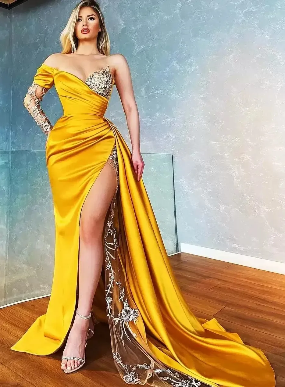 New Mermaid Prom Dress V Neck One Sleeves Evening Gowns Appliques 3D-Flower Satin Side Slit Plus Size Bridal Gowns Customized
New Mermaid Prom Dress V Neck One Sleeves Evening Gowns Appliques 3D-Flower Satin Side Slit Plus Size Bridal Gowns Customized