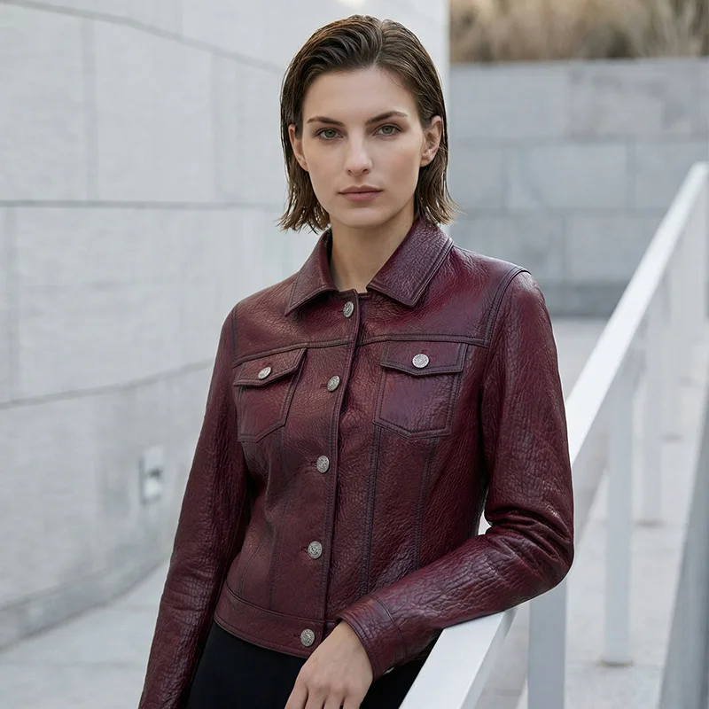 Burgundy Leather Coat Women's Short Lapel Leather Coat Spring Autumn Coat
Burgundy Leather Coat Women's Short Lapel Leather Coat Spring Autumn Coat