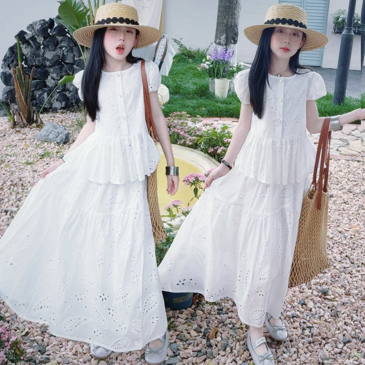 summer teen girl white skirt clothes set French bubble sleeves flowers ruffle top shirt long skirt 2pcs junior kids outfits suit
summer teen girl white skirt clothes set French bubble sleeves flowers ruffle top shirt long skirt 2pcs junior kids outfits suit