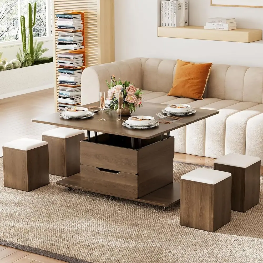 Lit-Top Coee Table with Hidden Storage, 3-in-1 ern olding Center Table with 4 Stools, Casters, and Lockable Wheels – Convertible
Lit-Top Coee Table with Hidden Storage, 3-in-1 ern olding Center Table with 4 Stools, Casters, and Lockable Wheels – Convertible