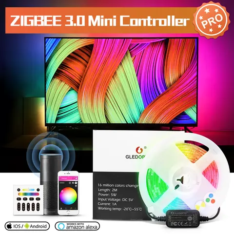 GLEDOPTO PRO 2M RGBCCT Zigbee LED Strip Light TV Backlight Smart Kit 5V USB RGB CCT Stripe Tape Ribbon Work with Hub Alexa Echo