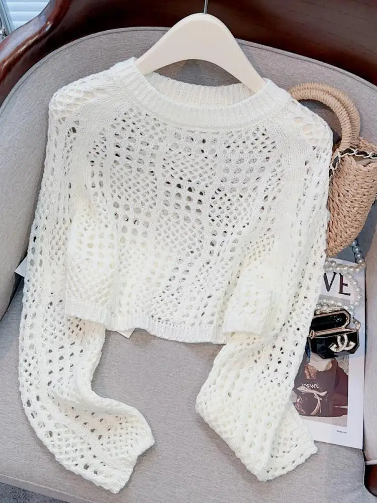Spring Autumn Women Black White Hollow Out Short Pullover Sweater Korean Beige Round Neck Loose Long Sleeved Knitted Tops Casual
Spring Autumn Women Black White Hollow Out Short Pullover Sweater Korean Beige Round Neck Loose Long Sleeved Knitted Tops Casual