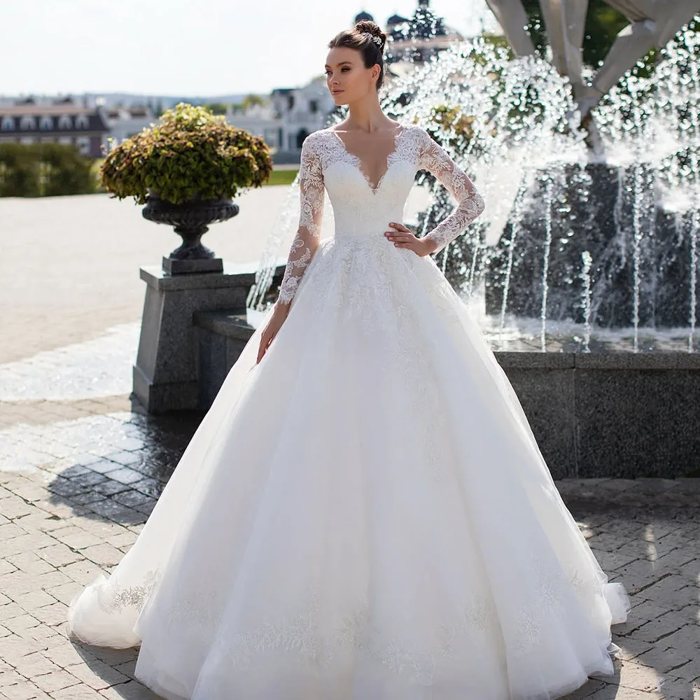 Romantic Long Sleeve Lace Wedding Dress Women Customized Luxury Ball Gown Tulle V Neck Bridal Gown Elegant Bridal Dress
Romantic Long Sleeve Lace Wedding Dress Women Customized Luxury Ball Gown Tulle V Neck Bridal Gown Elegant Bridal Dress