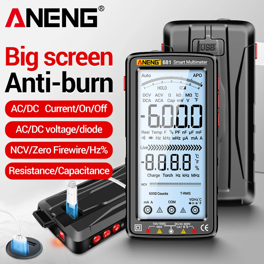 ANENG 681 Digital Multimeter Rechargable AC/DC Current NCV Voltage Induction Temperature LCD Screen Professional Repair Tester
ANENG 681 Digital Multimeter Rechargable AC/DC Current NCV Voltage Induction Temperature LCD Screen Professional Repair Tester