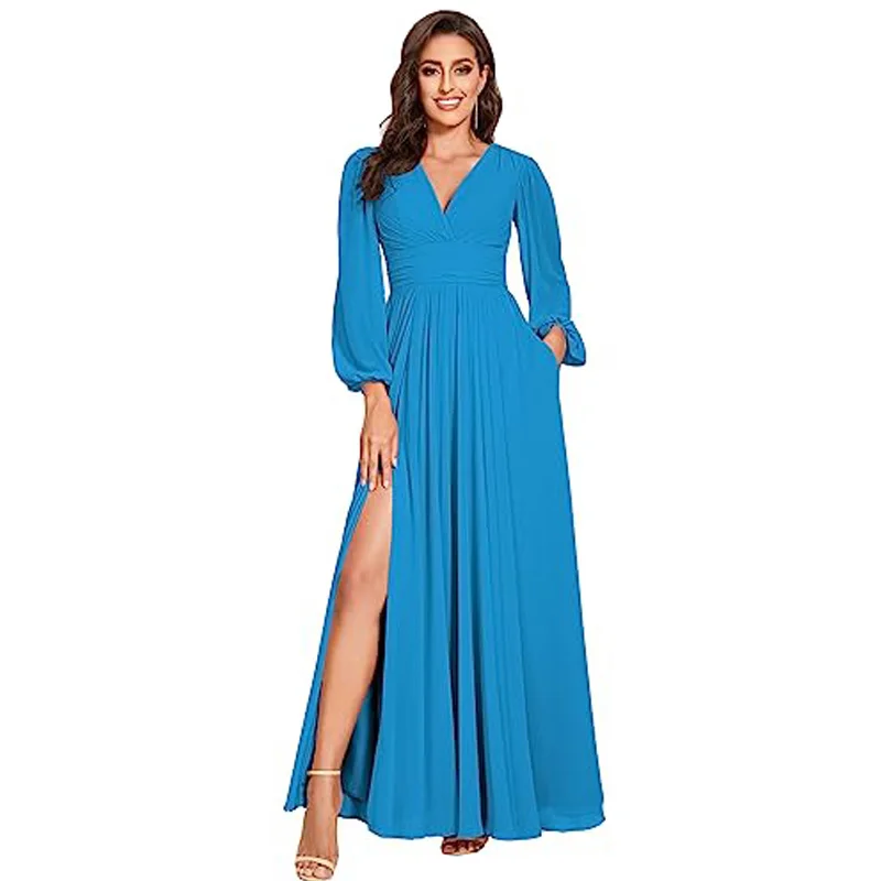 Blue Women V-Neck Bridesmaid Dresses with Long Sleeves Split Pleats Chiffon Formal Evening Party Dress for Wedding Vestido Festa
Blue Women V-Neck Bridesmaid Dresses with Long Sleeves Split Pleats Chiffon Formal Evening Party Dress for Wedding Vestido Festa