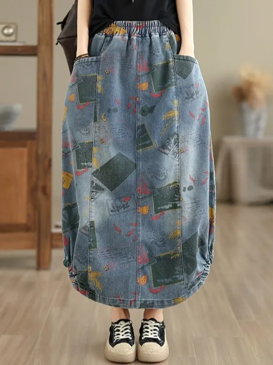 Retro Elastic Waist Denim Skirt Women's Summer New Loose Casual Anti-aging Print Splicing Mid-length Skirt A-line Silhouette
Retro Elastic Waist Denim Skirt Women's Summer New Loose Casual Anti-aging Print Splicing Mid-length Skirt A-line Silhouette