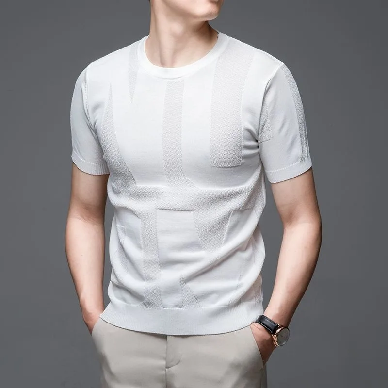 Mens Ice Silk Knit T Shirt With Jacquard Pattern Short Sleeve Casual Summer Top
Mens Ice Silk Knit T Shirt With Jacquard Pattern Short Sleeve Casual Summer Top