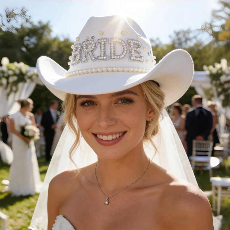Белая ковбойская шляпа с надписью BRIDE из страз, фетровая шляпа в западном стиле с вуалью для девичника и свадебного душа
Белая ковбойская шляпа с надписью BRIDE из страз, фетровая шляпа в западном стиле с вуалью для девичника и свадебного душа