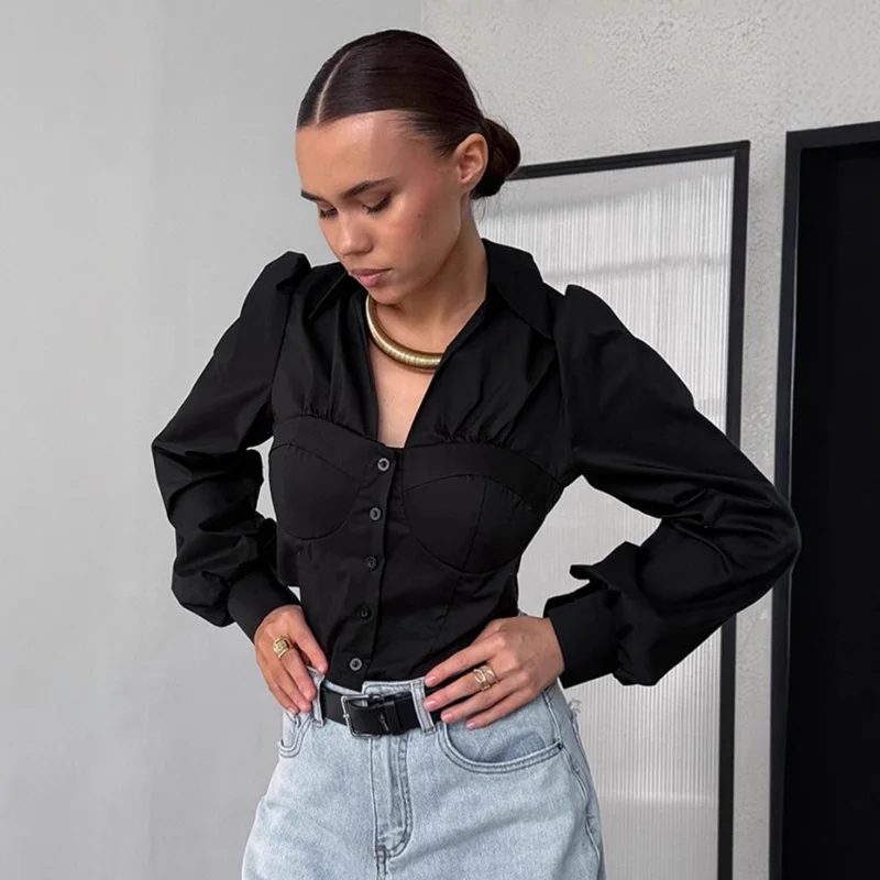 TARUXY Commuting White Bubble Sleeve Shirt For Women Lapel Slim Single Breasted Blouses Female 2025 Autumn Fashion Short Top
TARUXY Commuting White Bubble Sleeve Shirt For Women Lapel Slim Single Breasted Blouses Female 2025 Autumn Fashion Short Top