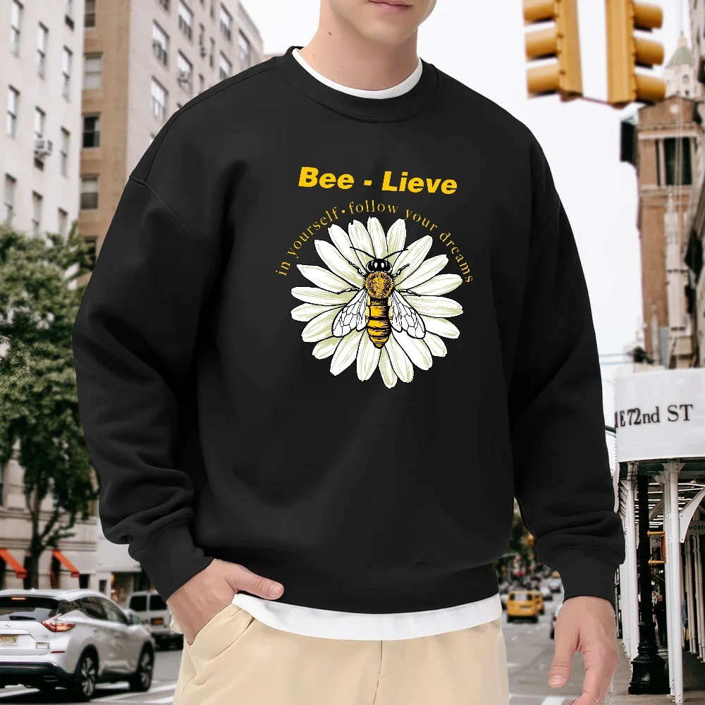 Men's Black Crew Neck Pullover Sweatshirt with Bee and Daisy Print Pattern, Loose Casual Street Style Top, Comfortable and Versatile Trendy Item for Everyday Wear
Men's Black Crew Neck Pullover Sweatshirt with Bee and Daisy Print Pattern, Loose Casual Street Style Top, Comfortable and Versatile Trendy Item for Everyday Wear