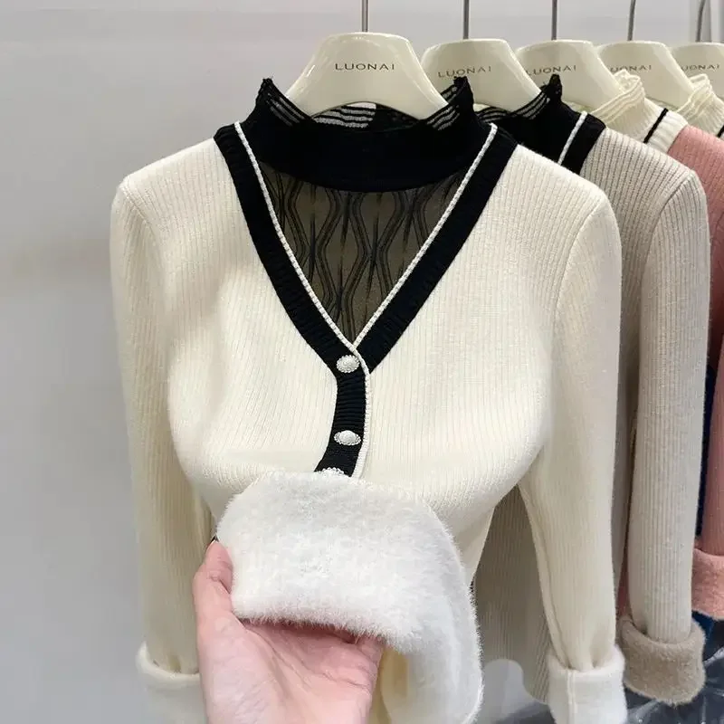 Autumn Winter Women Sweaters Mock Neck Fake Two Pieces Plus Velvet Thicke Button Lace Fashion Pullovers Long Sleeve Knitted Tops
Autumn Winter Women Sweaters Mock Neck Fake Two Pieces Plus Velvet Thicke Button Lace Fashion Pullovers Long Sleeve Knitted Tops