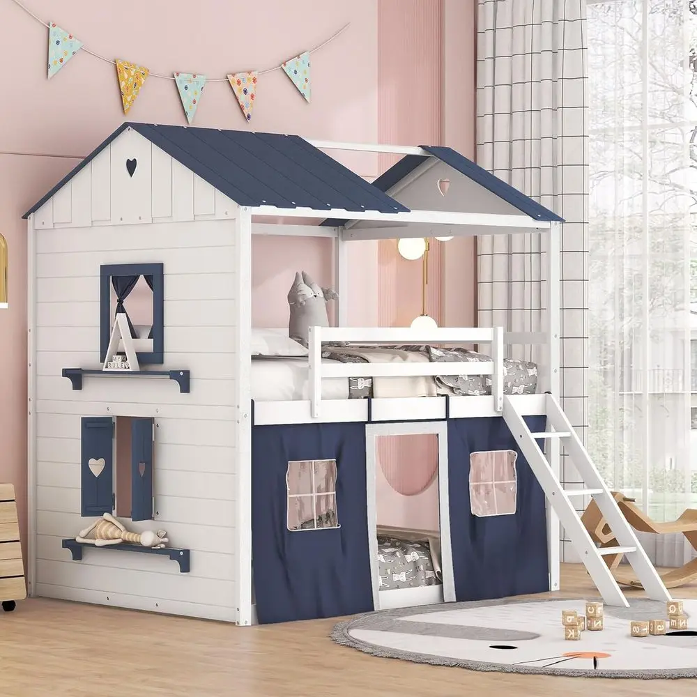 Full Size Wooden Bunk Bed with Blue Tent, Window Sills, and Elegant Design for Ages 6+, Suitable for Boys & Girls, Blue and Whit
Full Size Wooden Bunk Bed with Blue Tent, Window Sills, and Elegant Design for Ages 6+, Suitable for Boys & Girls, Blue and Whit