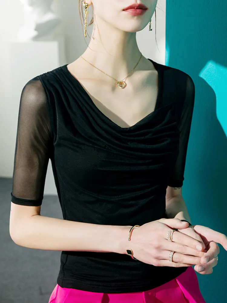 Modal Five T-Shirt With Women's Mesh Splicing And Swinging Neck Sexy 2025 Spring/Summer New Style Mid Sleeve Top Small Shirt
Modal Five T-Shirt With Women's Mesh Splicing And Swinging Neck Sexy 2025 Spring/Summer New Style Mid Sleeve Top Small Shirt