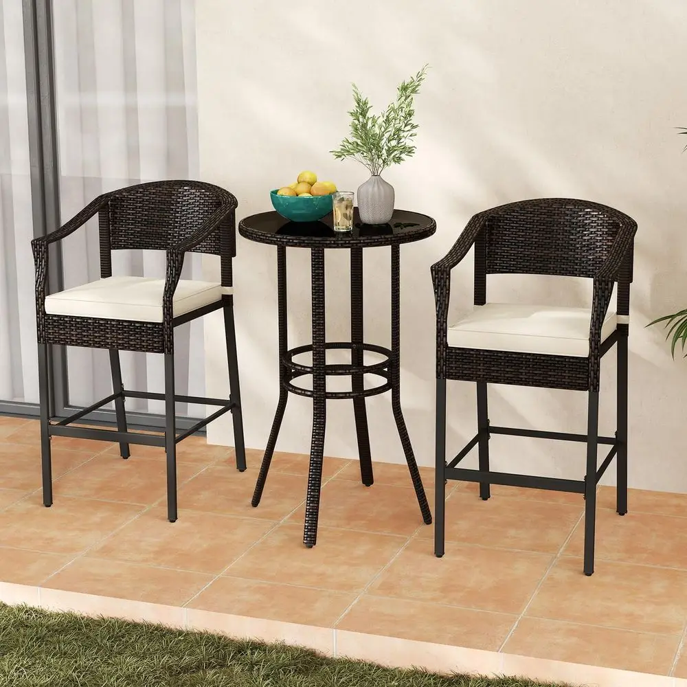 3Piece Outdoor Bar Set Patio Wicker Rattan Bar Height Barstools w Cushions, Footrest, Round Glass Top Table, High Top Bistro Ta
3Piece Outdoor Bar Set Patio Wicker Rattan Bar Height Barstools w Cushions, Footrest, Round Glass Top Table, High Top Bistro Ta