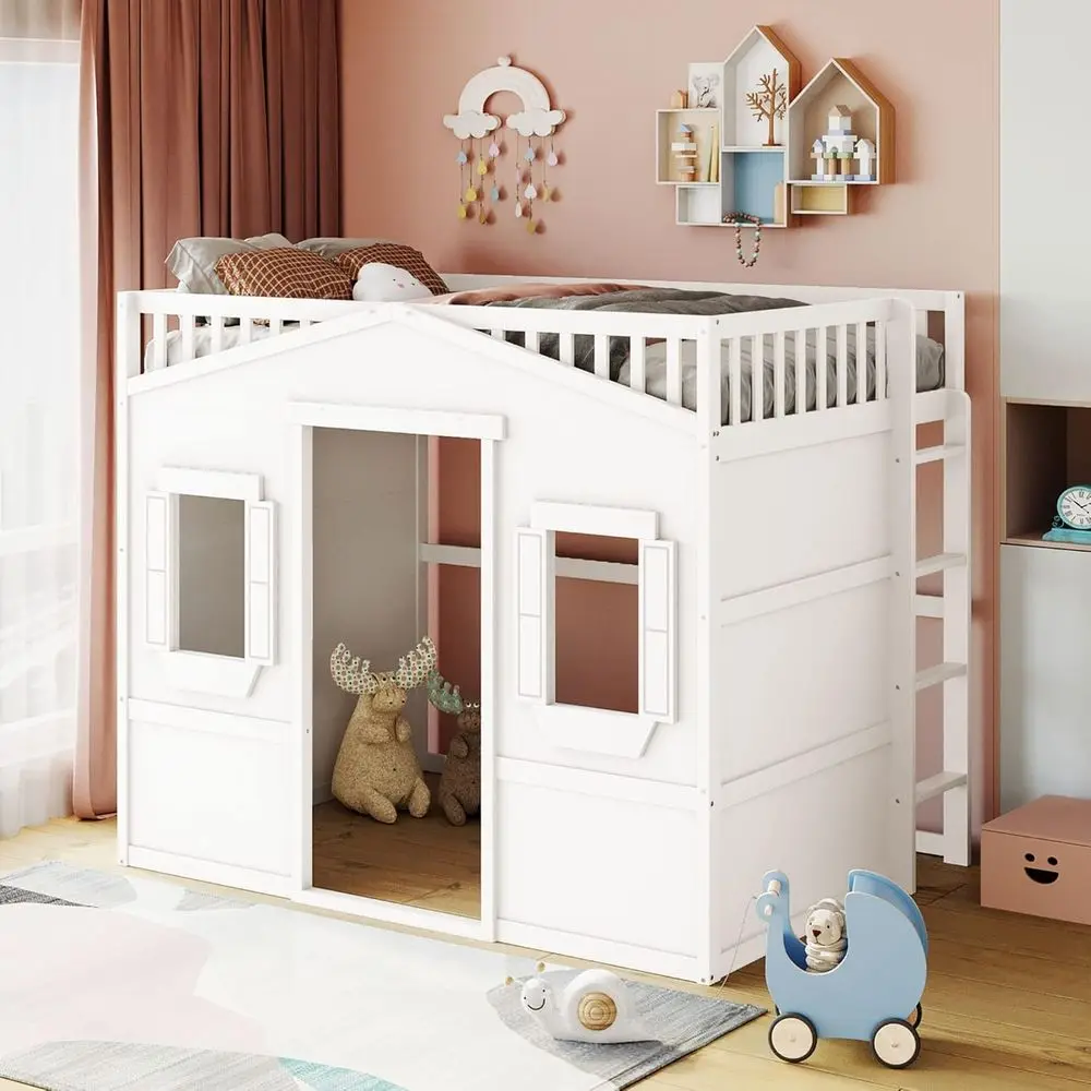 White Playhouse-Shaped Loft Bed with Windows, Entertainment Area, and Ladder for Kids and Teens
White Playhouse-Shaped Loft Bed with Windows, Entertainment Area, and Ladder for Kids and Teens