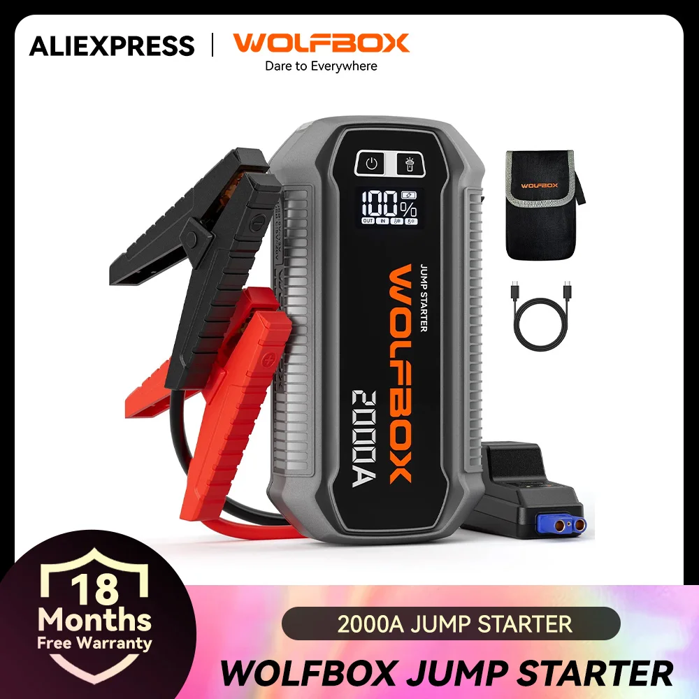 WOLFBOX 2000A Jump Starter,12V Car Battery Jump Starter,65W Quick Charge 16000mAh for 8L Gas 6L Diesel Engine with Booster
WOLFBOX 2000A Jump Starter,12V Car Battery Jump Starter,65W Quick Charge 16000mAh for 8L Gas 6L Diesel Engine with Booster